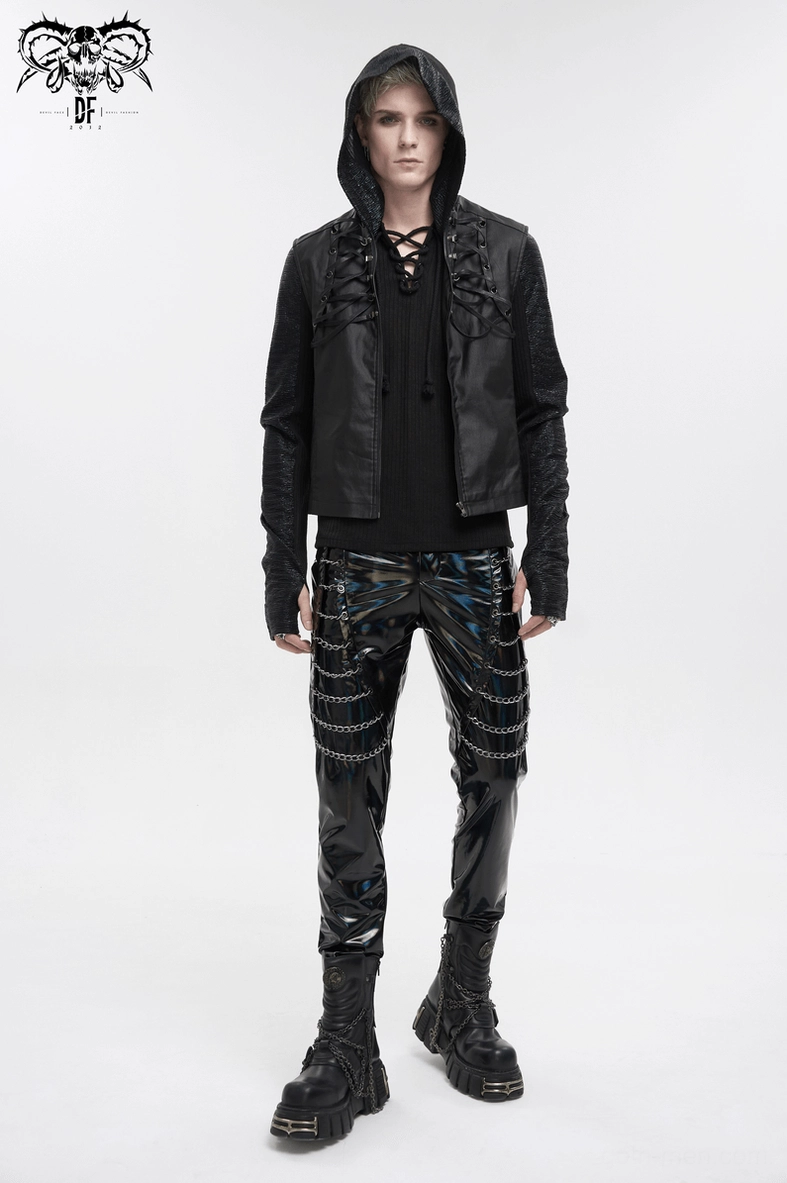 Black patent leather gothic pants alternative angle - slim fit punk trousers with chain accents