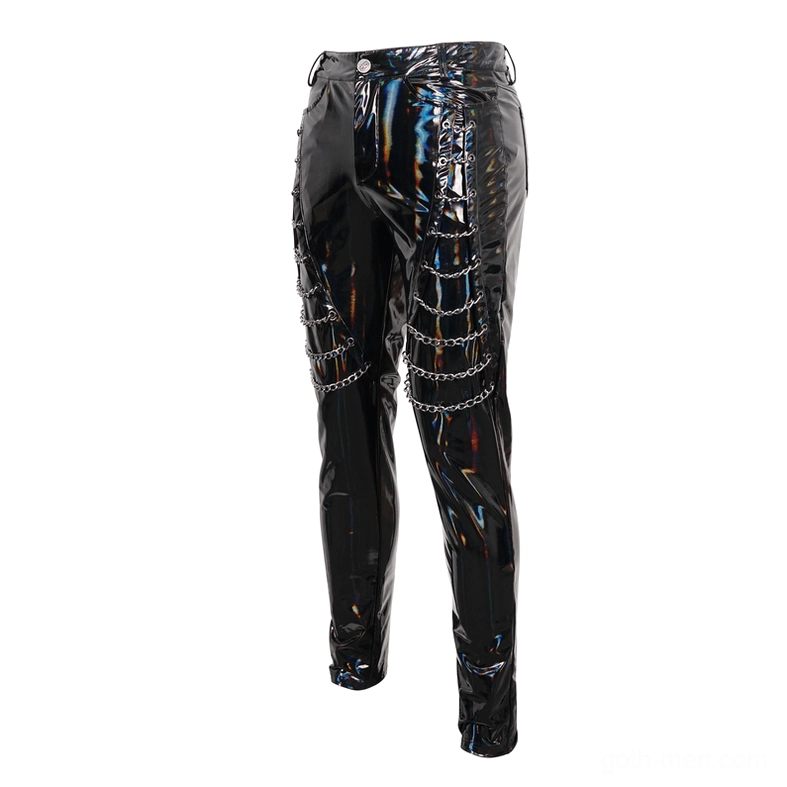 Black iridescent patent leather pants side rear flat view - chain trim accents on slim cut trousers