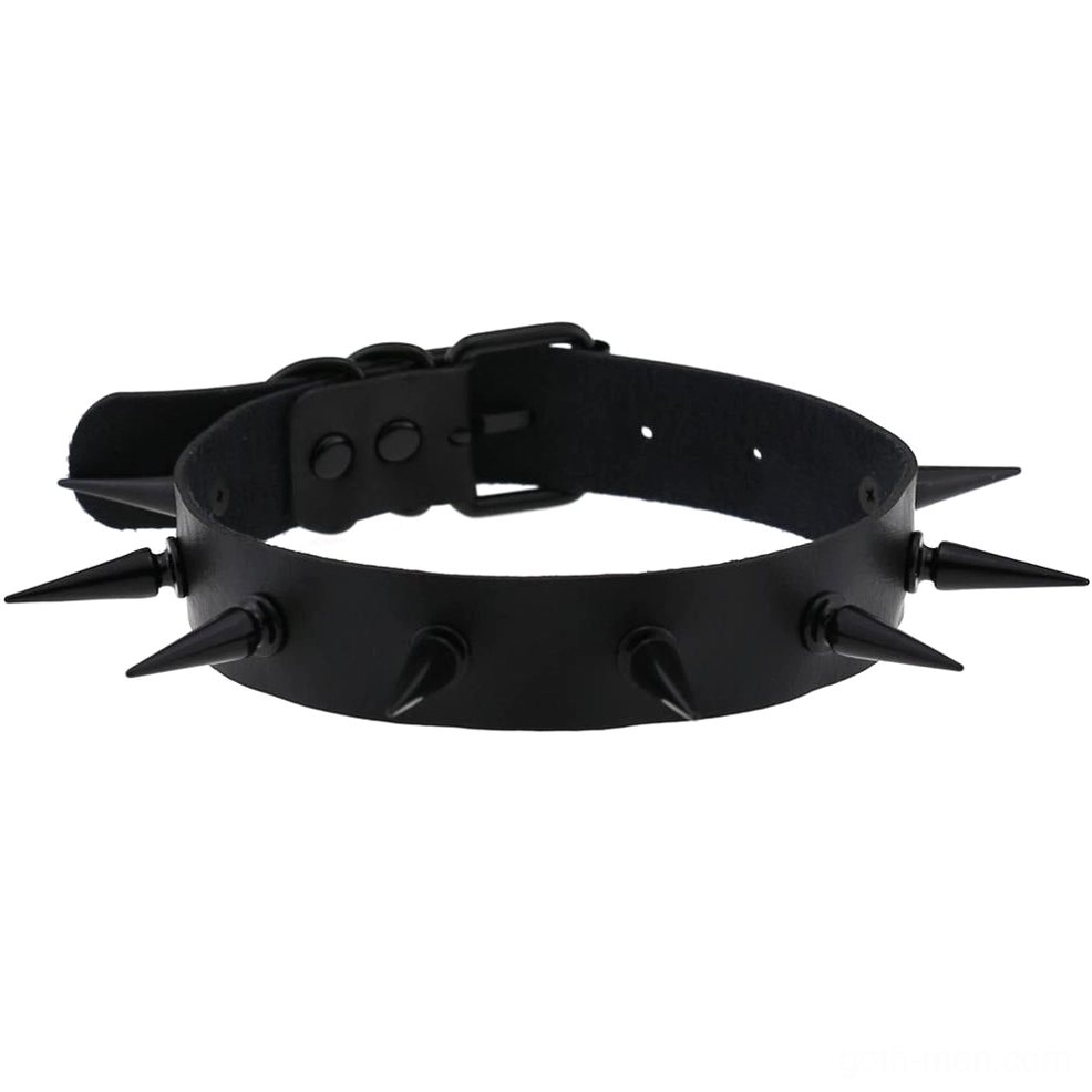 Black spiked leather choker with dual-hole adjustment buckle, side close-up