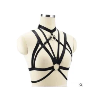 Black choker style crisscross elastic chest harness with o-ring detail - gothic alternative fashion style 2