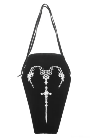 Black coffin shoulder bag with white embroidered sword and vine design, front view on white background