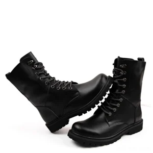 Black high-top combat boots with full lace-up design displayed in crossed position, showcasing matte leather finish and aggressive rubber sole