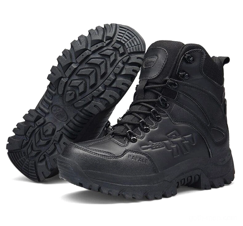 Black military combat boots showing mixed sole view and front lace-up upper construction