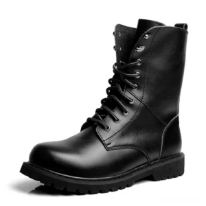Black leather combat boots left side profile, mid-calf tactical footwear showcasing polished split leather and metal eyelets