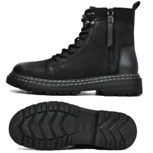 Men's black ankle boots profile view showing metal eyelets, thick lug sole, and heel pull tab