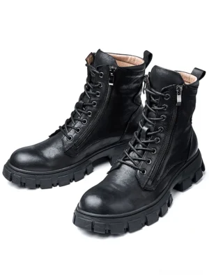 Black genuine leather gothic combat boots with side zipper and chunky lug sole - three-quarter front view