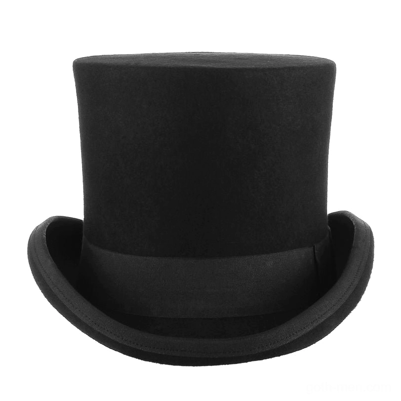 Compact black wool top hat front-facing view with short cylindrical crown and narrow satin band detail