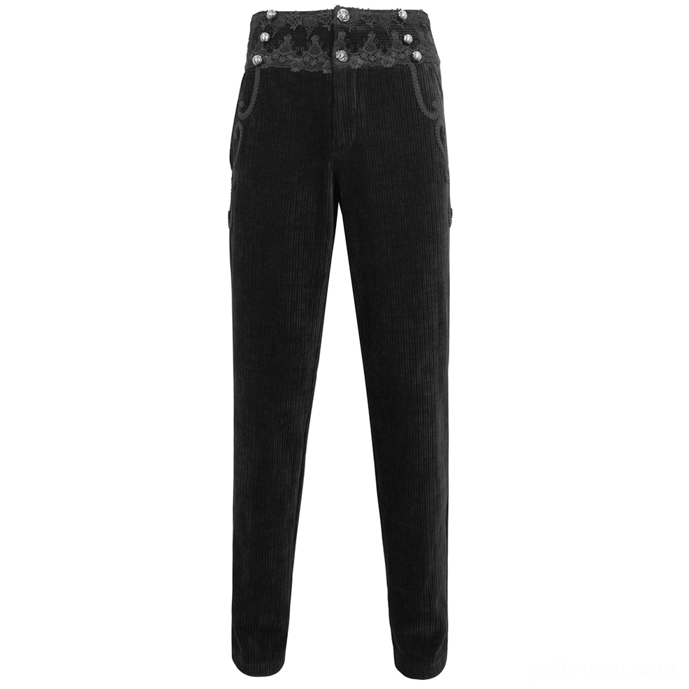 Front full-length view of black corduroy gothic pants with gem-button waist and lace waistband on model