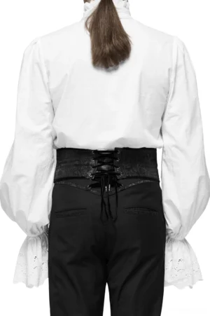 Black corset belt rear view showing adjustable lace-up back closure with metal eyelets on male model