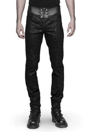 Black corset lace-up gothic skinny jeans front view on male model, featuring embossed leather waistband, sculptural high waist, and slim-fit silhouette ideal for alternative fashion