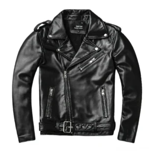 Black cow leather gothic biker jacket front view asymmetrical zipper slim fit men's moto jacket