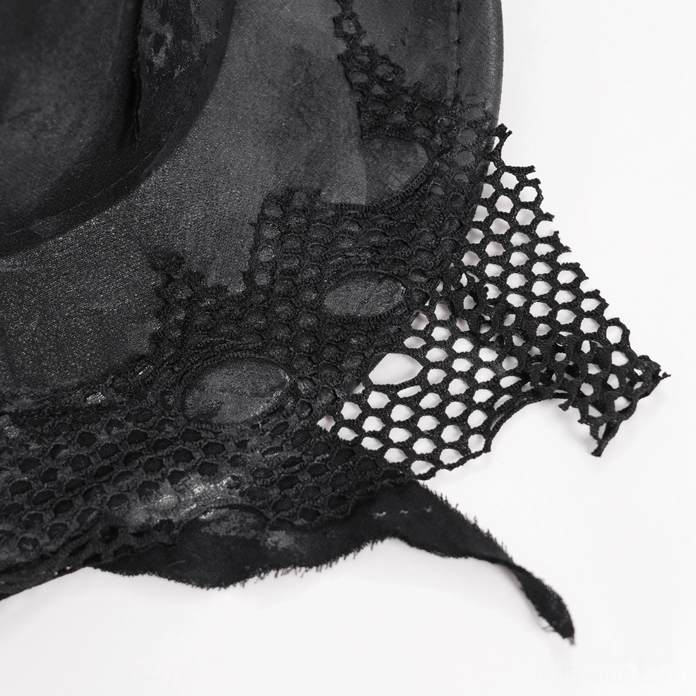 Black distressed cowboy hat three-quarter angle view on mannequin showing mesh and fabric wear details