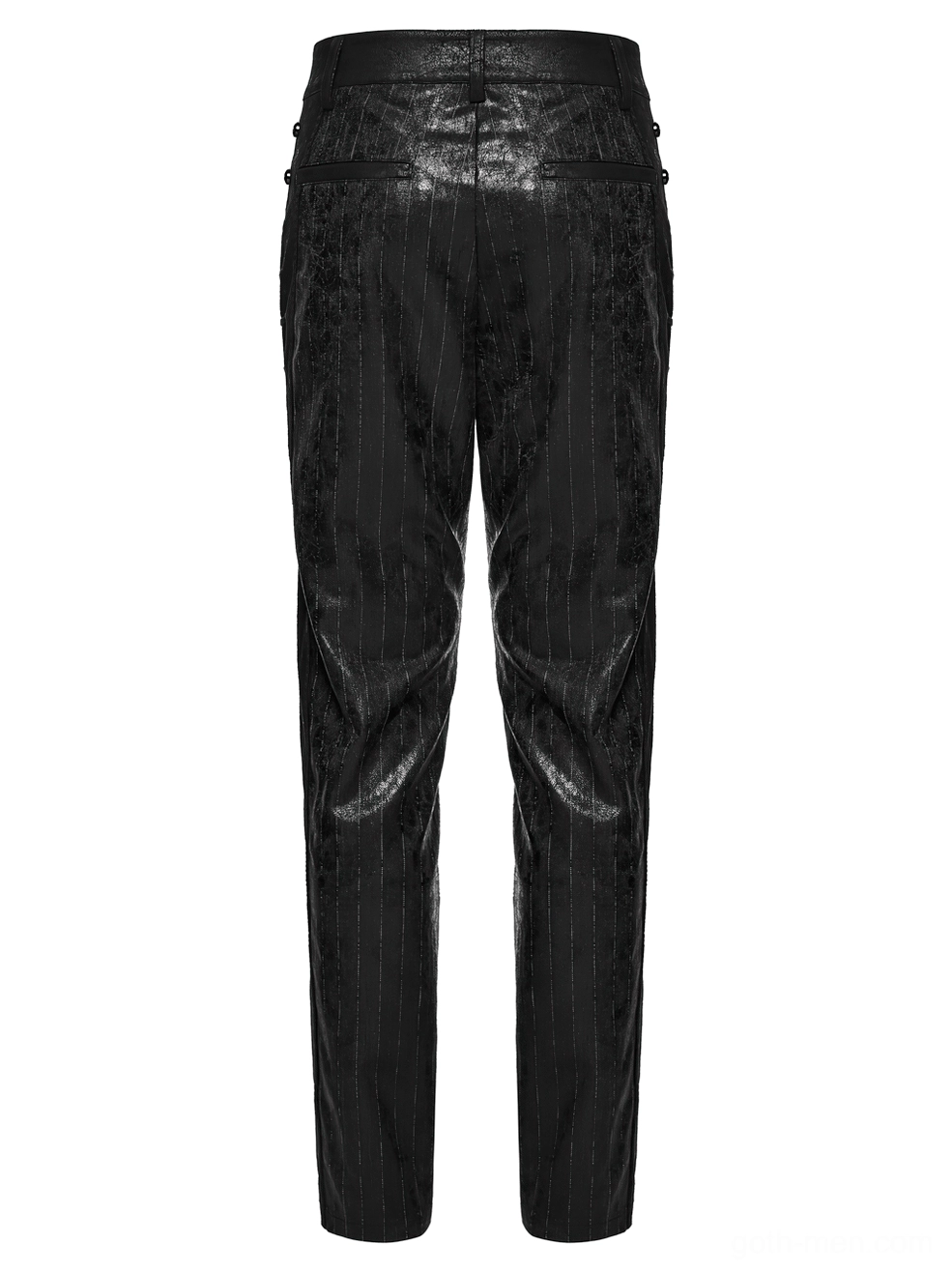 Black cracked vintage faux leather texture on gothic steampunk pants rear flat lay view