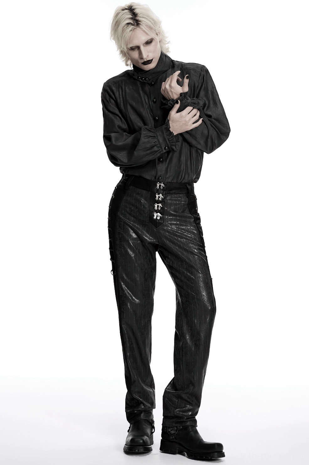 Black cracked leather steampunk pants front view showing metal clasp closure and industrial details