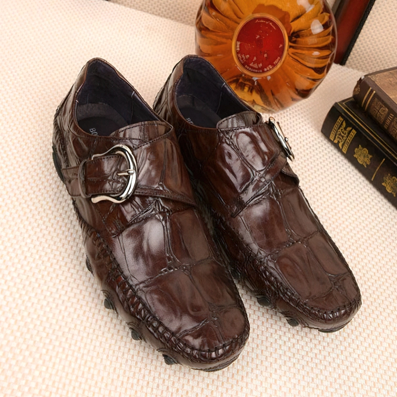 Black men's crocodile pattern gothic loafers side-by-side comparison showing craftsmanship details