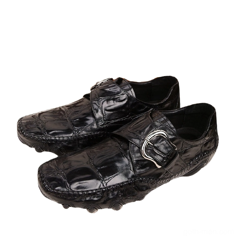 Black crocodile pattern loafers overhead pair view, flat lay showcasing embossed texture detail