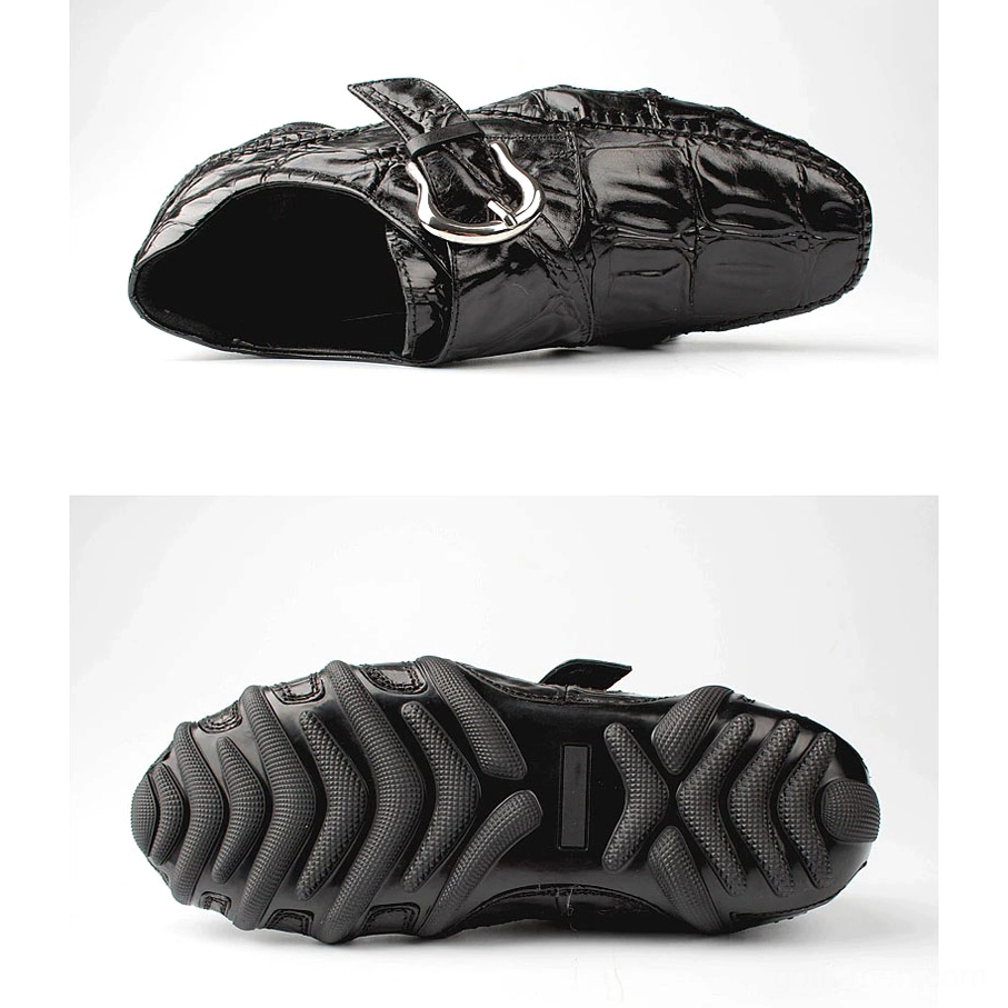 Black crocodile leather gothic loafers top-down side view, highlighting embossed leather texture