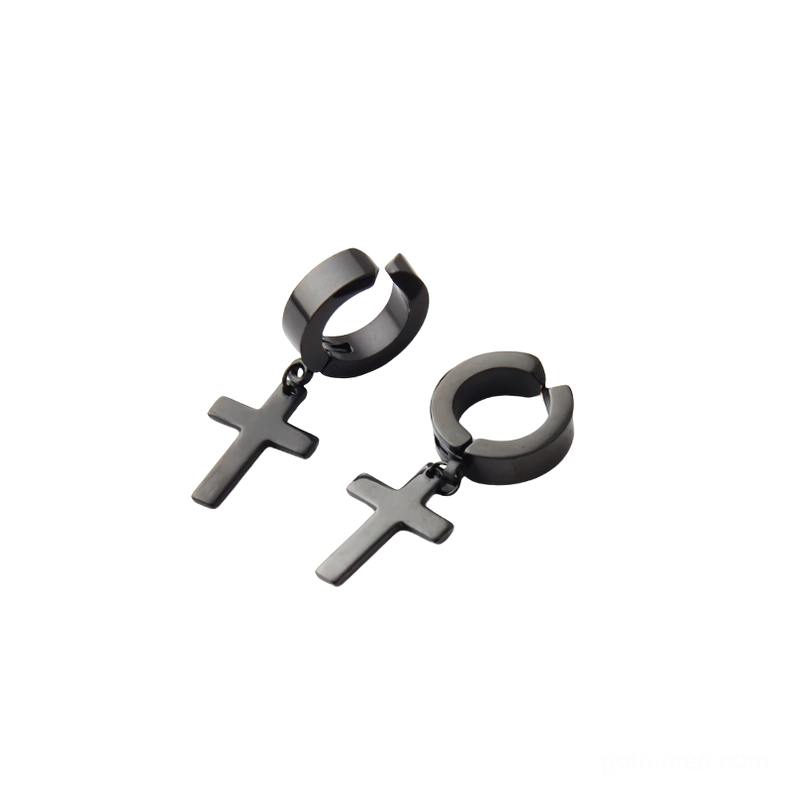 Black stainless steel cross earrings hinged clasp detail - gothic huggie pierced style close-up