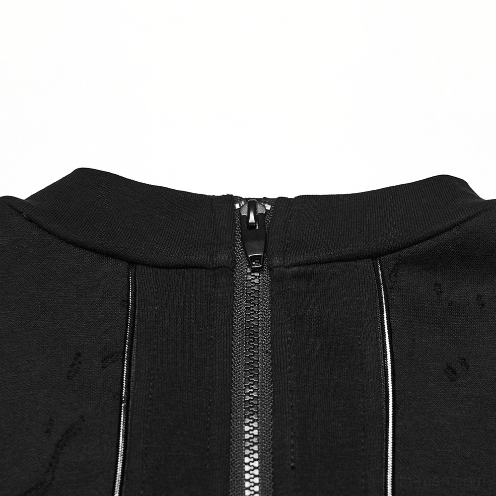 Close-up detail of black gothic tank top rear neck showing center back zipper and mock neck collar