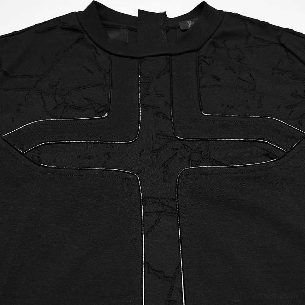 Close-up detail of black gothic tank top front cross design with cracked fabric texture and silver trim accents