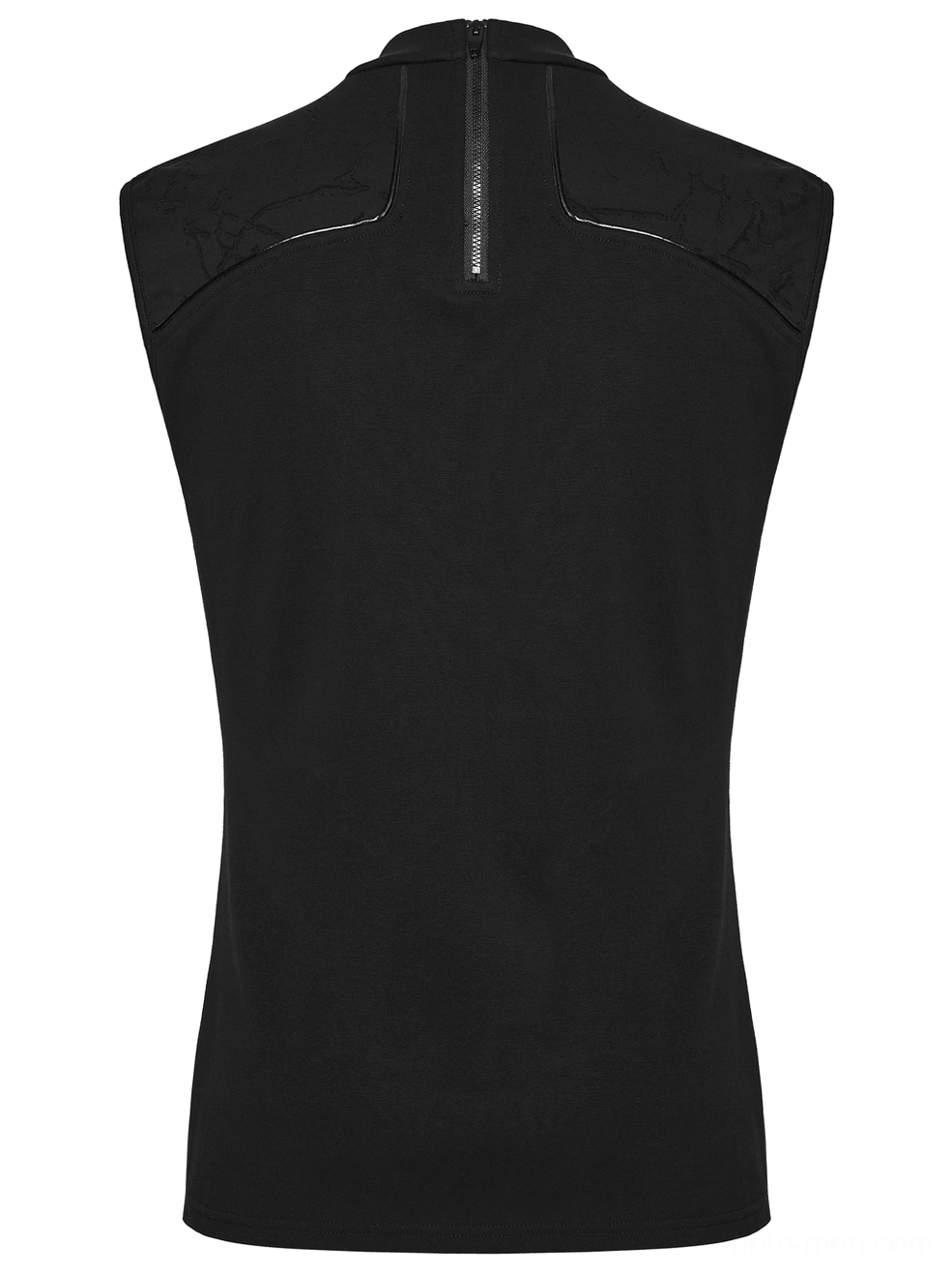 Black gothic sleeveless tank top flat lay back view with padded shoulder panels and back zipper