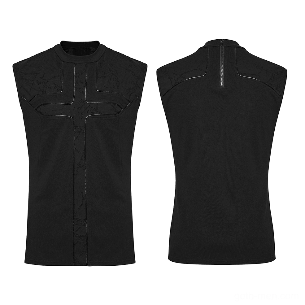 Black gothic sleeveless tank top flat lay front and back display with cross trim and back zipper