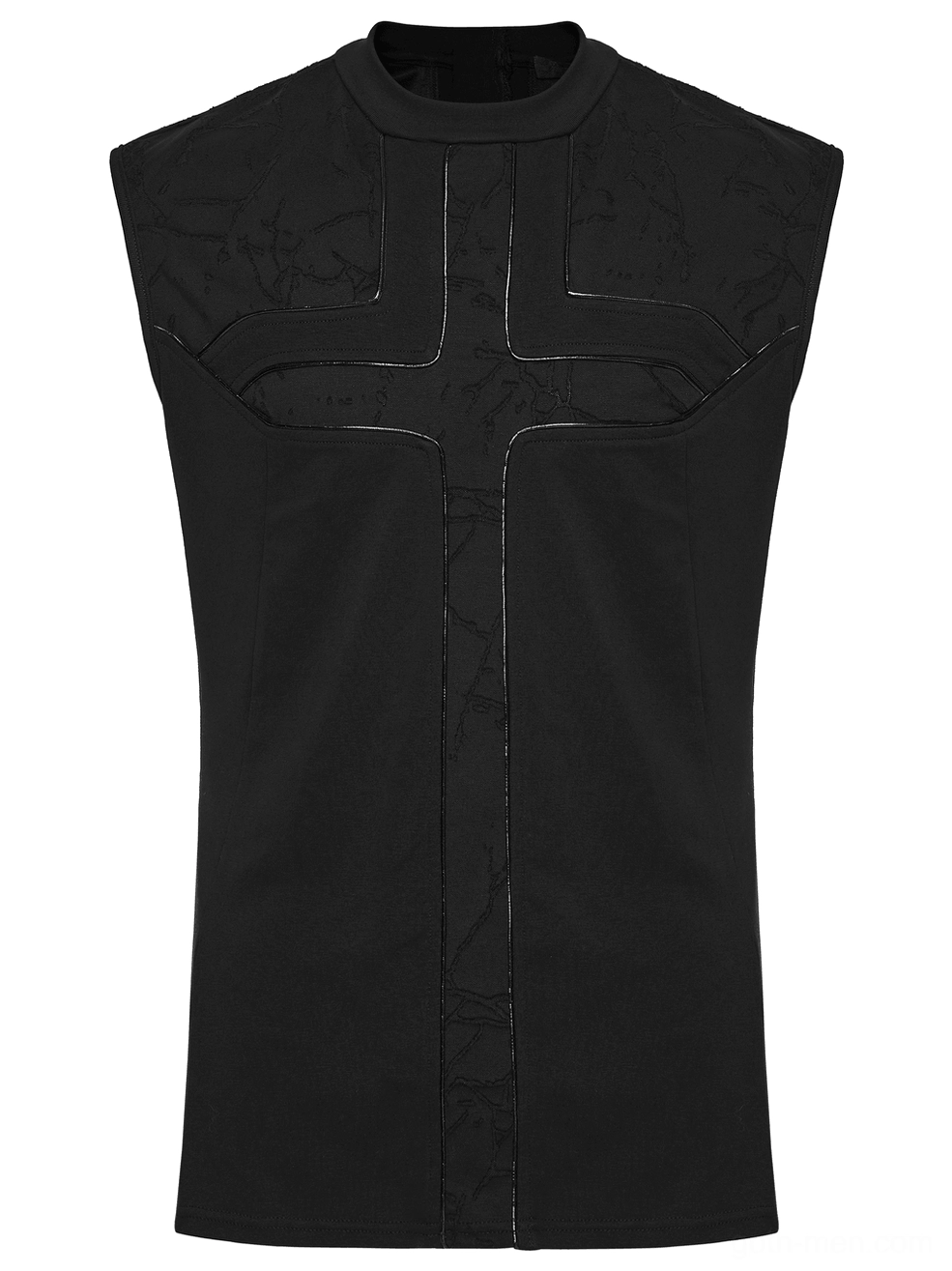 Black gothic sleeveless tank top flat lay front view showing minimalist cross panel detailing