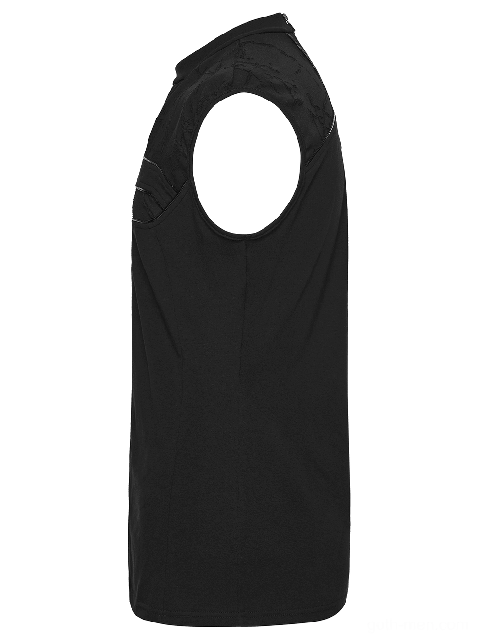 Black gothic sleeveless tank top flat lay side view showing curved armhole and sleeveless cut