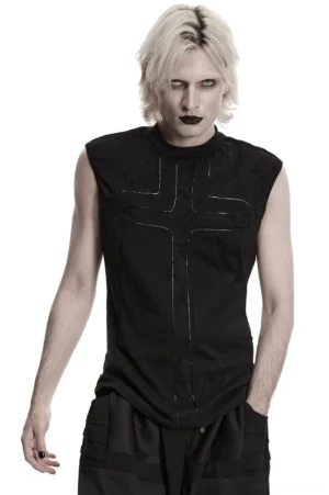 Black minimalist cross sleeveless gothic tank top front three-quarter view on male model with goth makeup