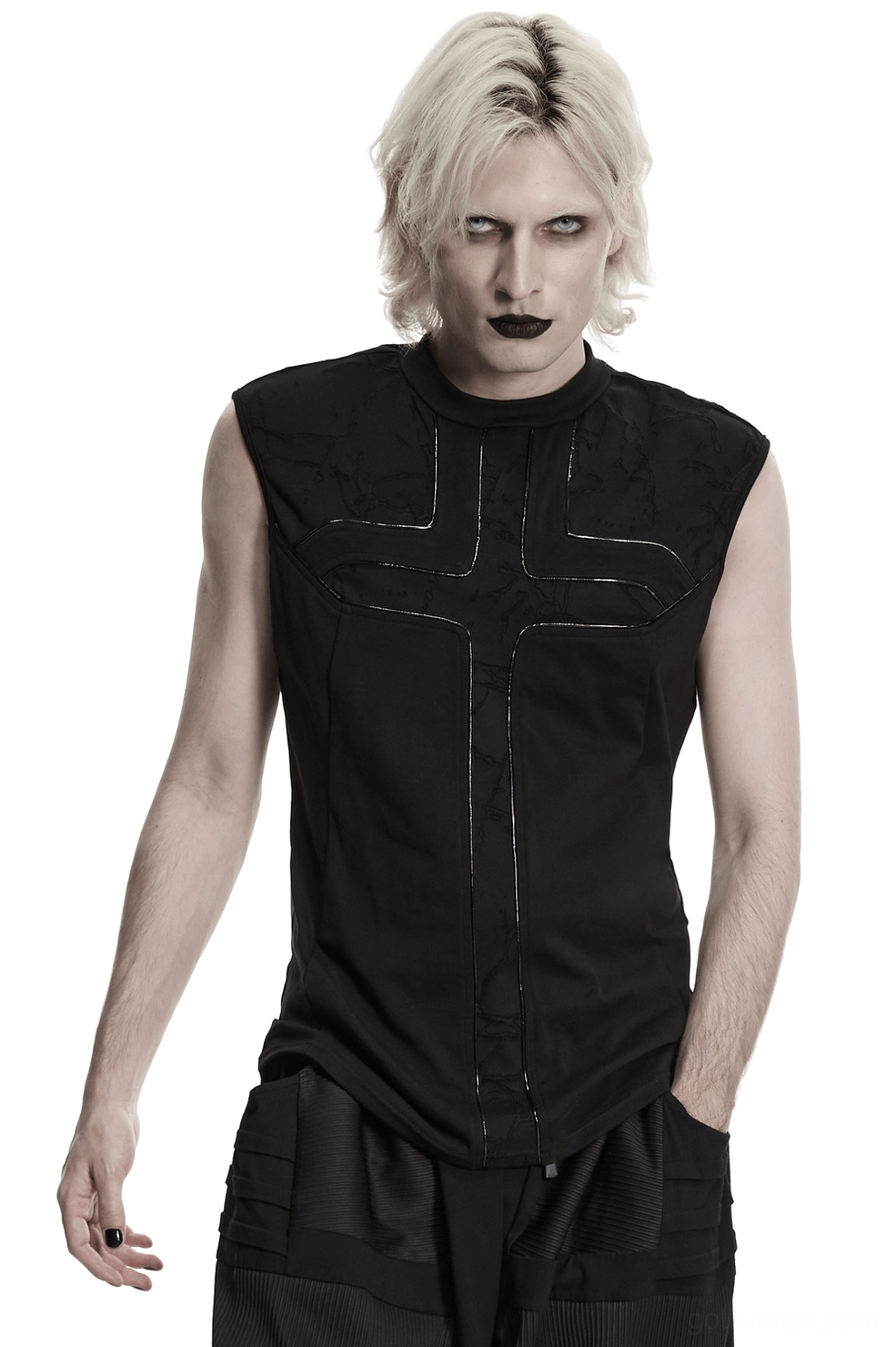 Black minimalist cross sleeveless gothic tank top front three-quarter view on male model with goth makeup