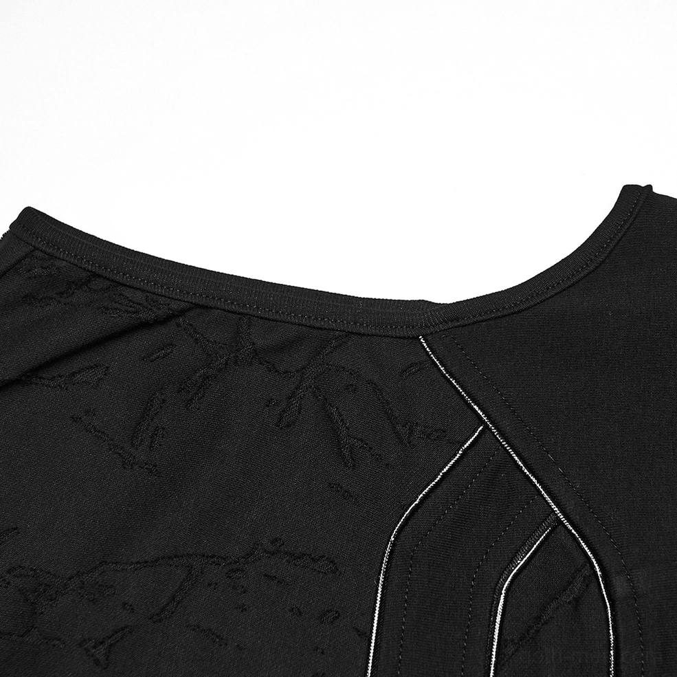 Close-up detail of black gothic sleeveless tank top side hem with silver accent trim and destructible woven fabric