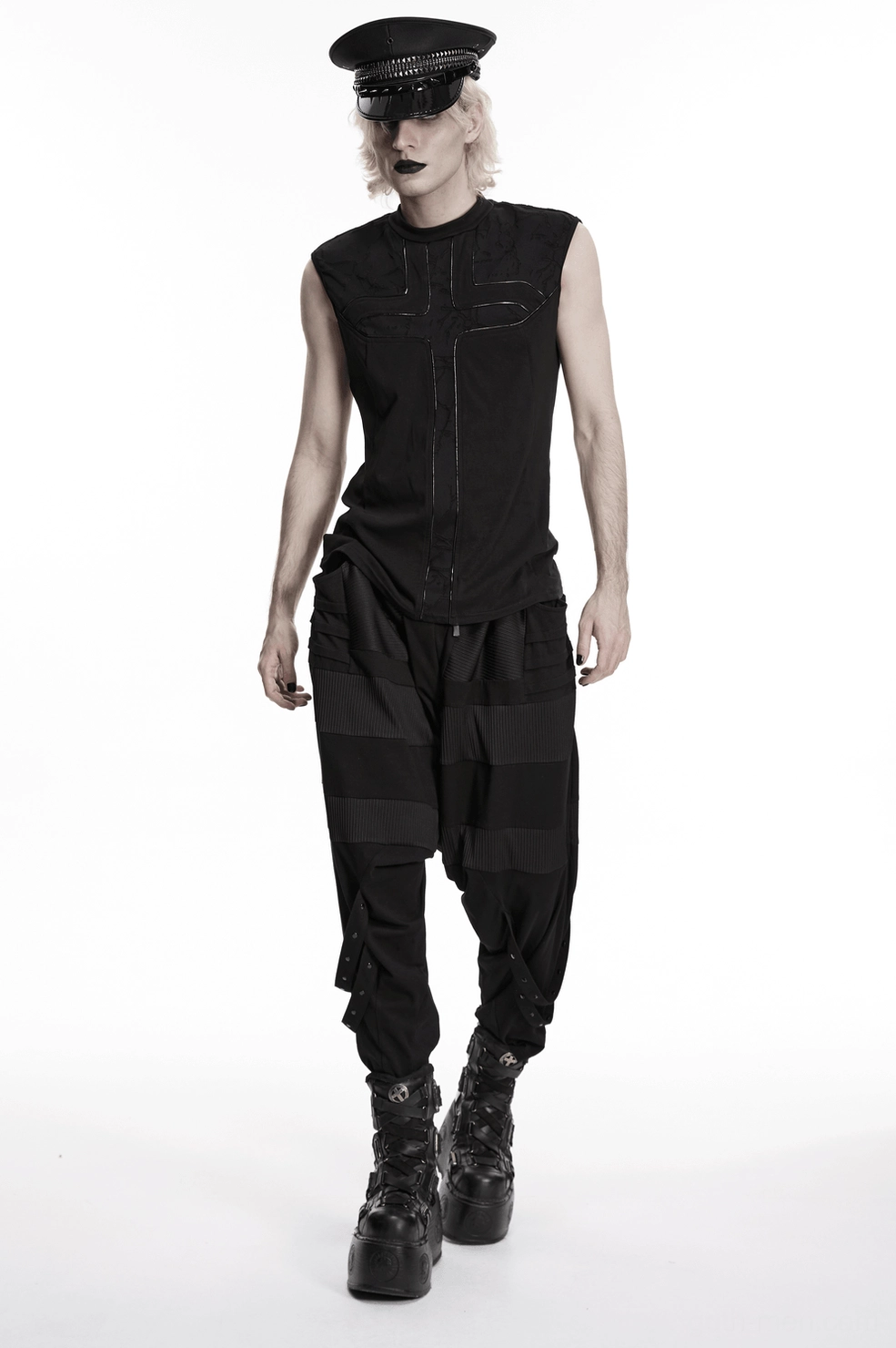 Black gothic sleeveless tank top detail showing faux leather cross trim and knitted fabric construction