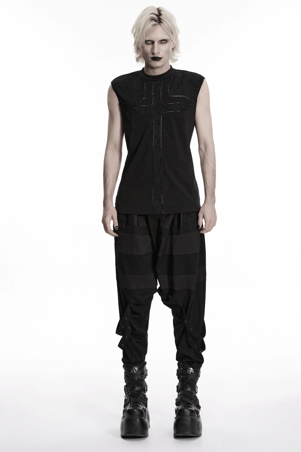 Black gothic sleeveless tank top front view on model demonstrating fitted minimalist cross panel