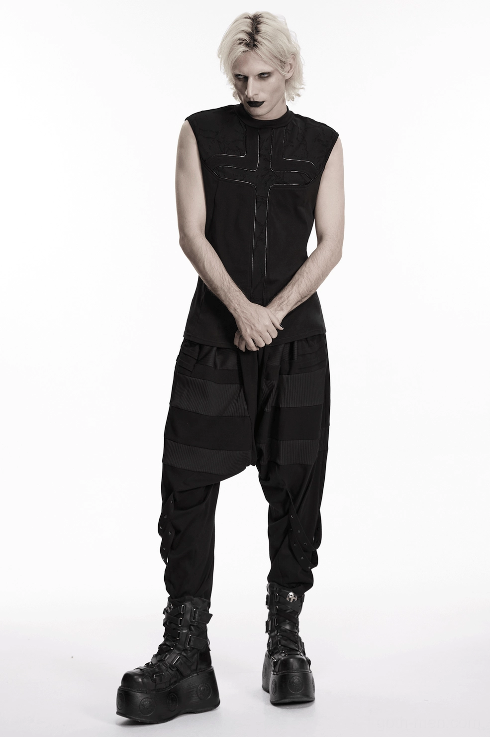 Black gothic sleeveless tank top side profile view on male model showing structured fit and mock neck