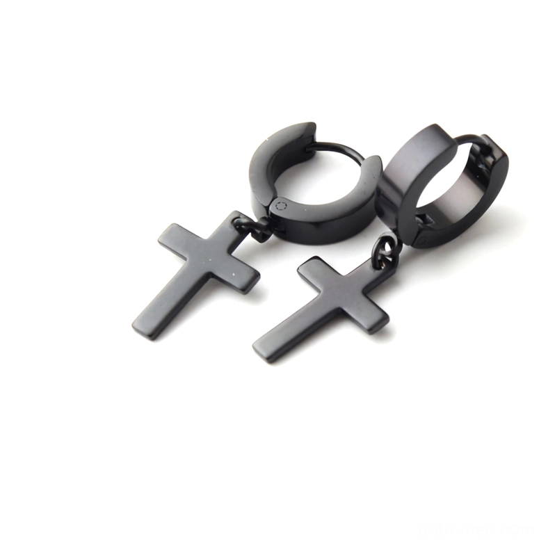 Black stainless steel cross huggie earrings angled open hoop - gothic dangle drop design