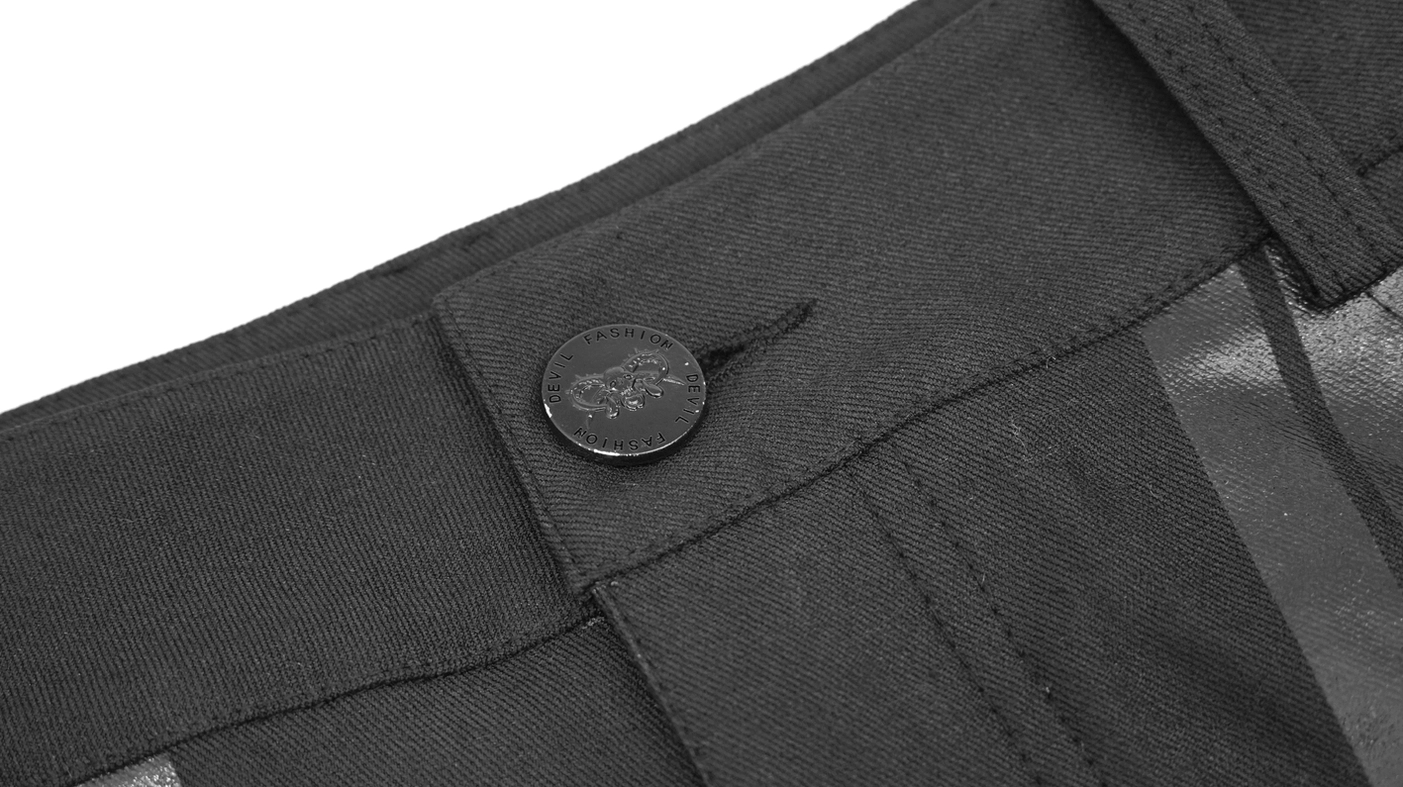 Full-length black cyberpunk gothic trousers side profile showing slim silhouette