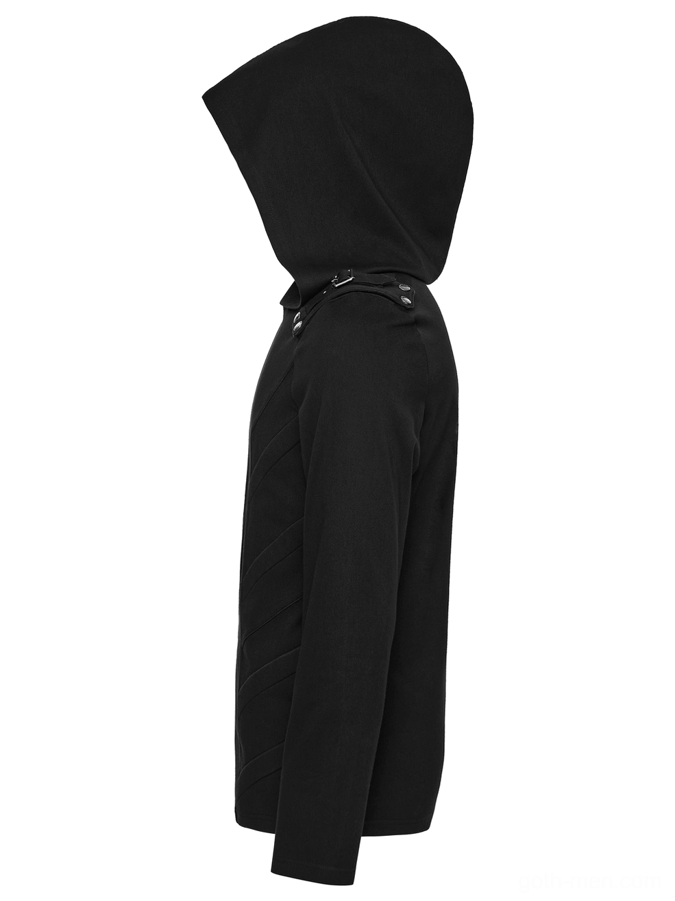 Cyberpunk hooded sweatshirt side profile - slim fitted black silhouette with tapered waist