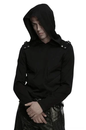 Black cyberpunk hooded sweatshirt with metal shoulder hardware and 3D panels - three quarter side angle