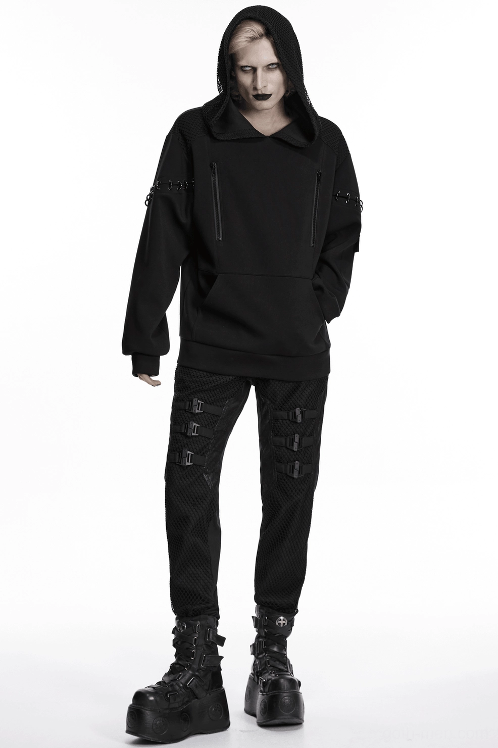 Black cyberpunk hoodie featuring dual vertical chest zippers and loose fit alternative fashion silhouette