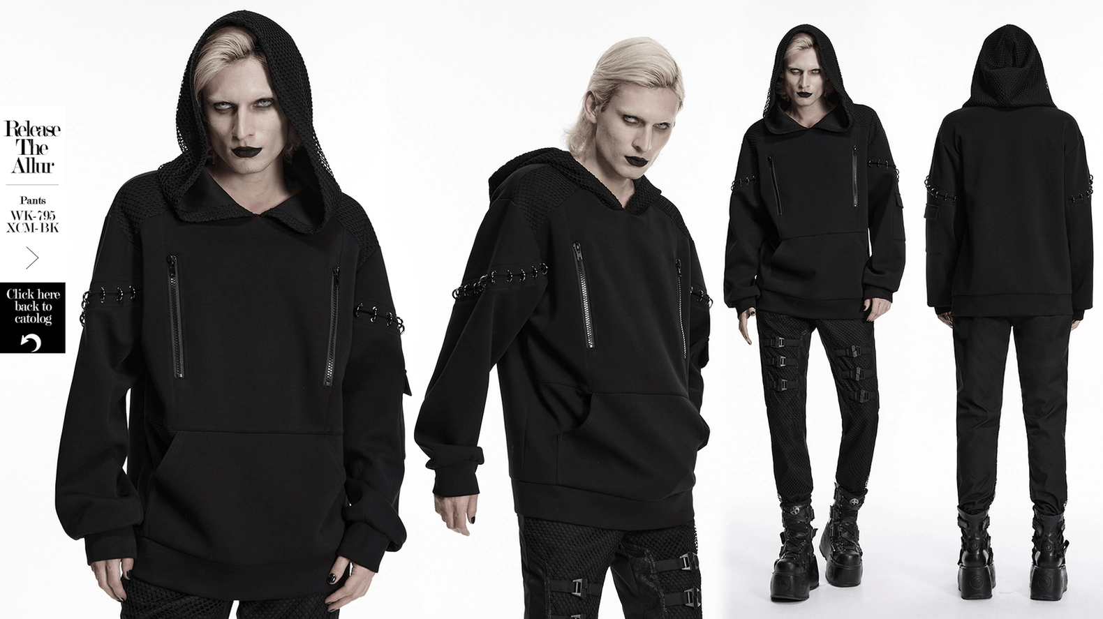 Alternative view of black cyberpunk hoodie highlighting mesh construction and dark gothic aesthetic