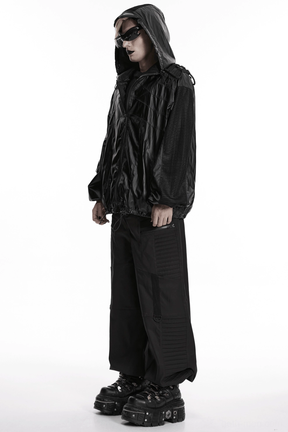 Alternative angle of black cyberpunk hooded mesh jacket showing avant-garde silhouette