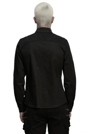 Male model in black studded military shirt, rear view showing plain back panel and tailored fit silhouette