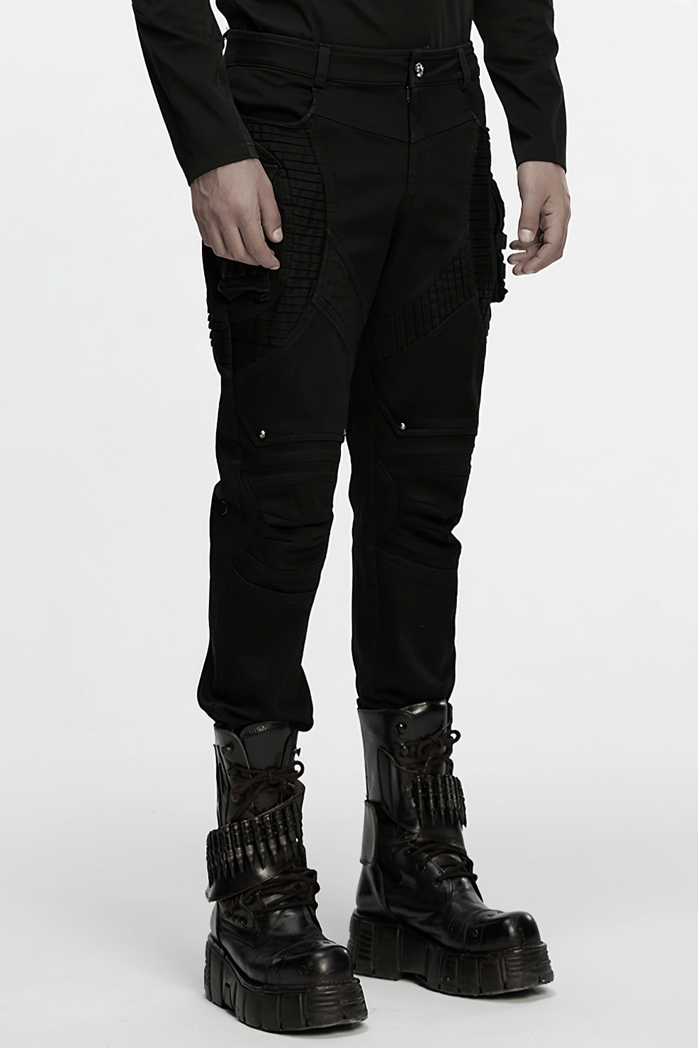 Black cyberpunk gothic pants full body front and side profile view on model