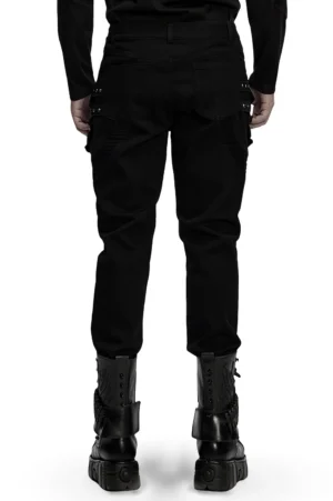 Black cyberpunk pleated pants rear view showing structured leg panels and back pockets