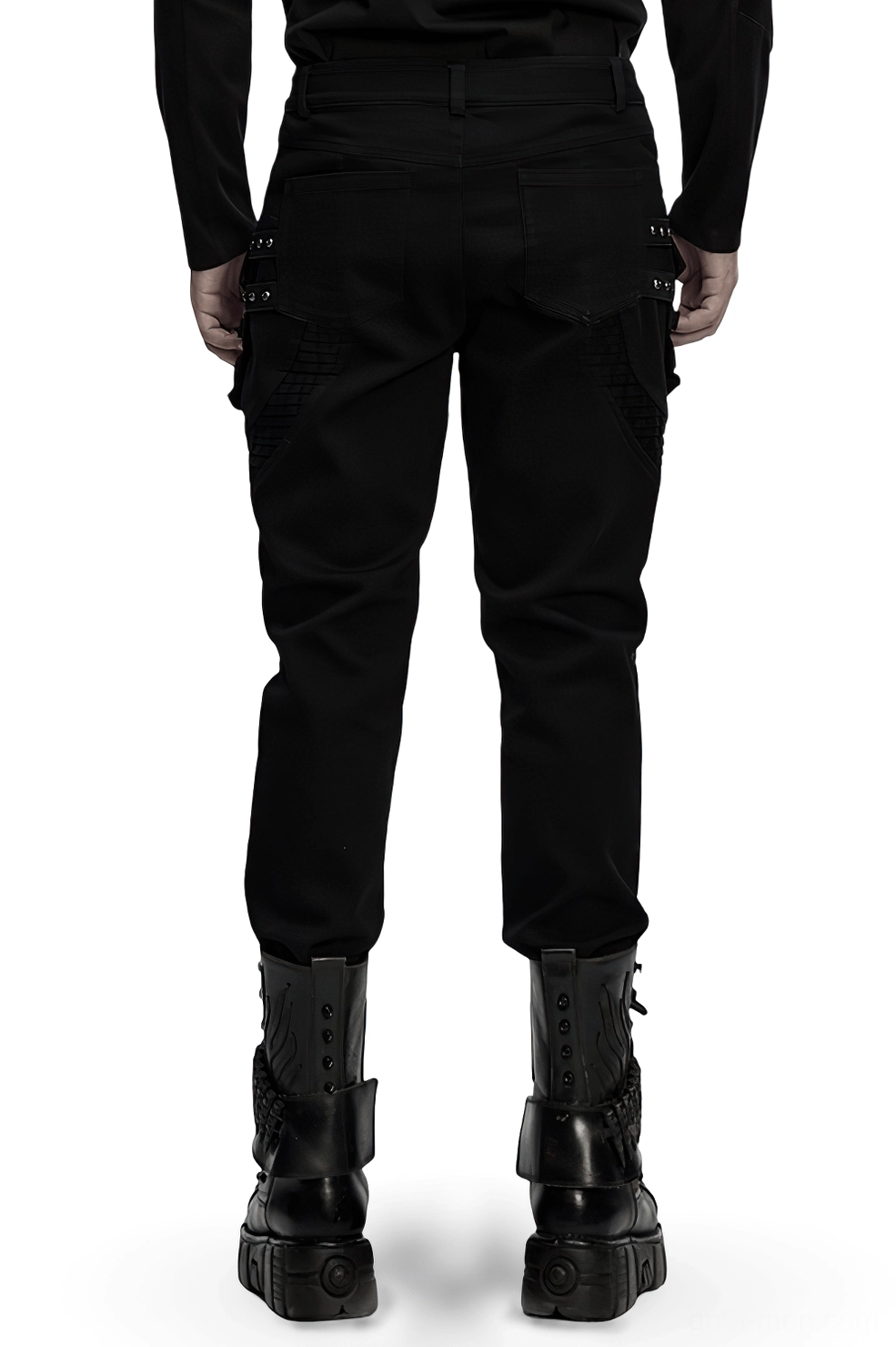Black cyberpunk pleated pants rear view showing structured leg panels and back pockets