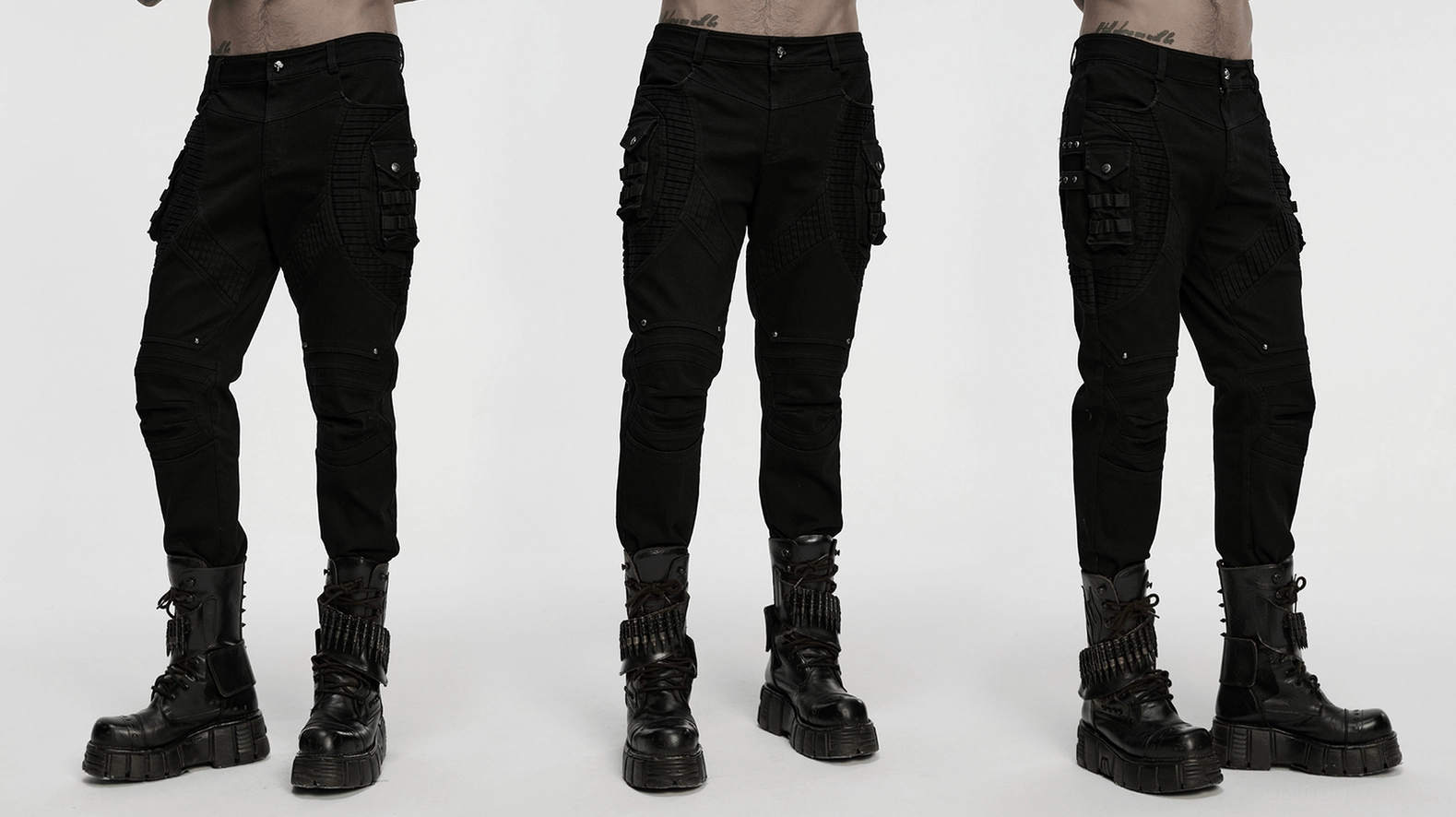 Black cyberpunk pleated techwear pants three-quarter body view on male model