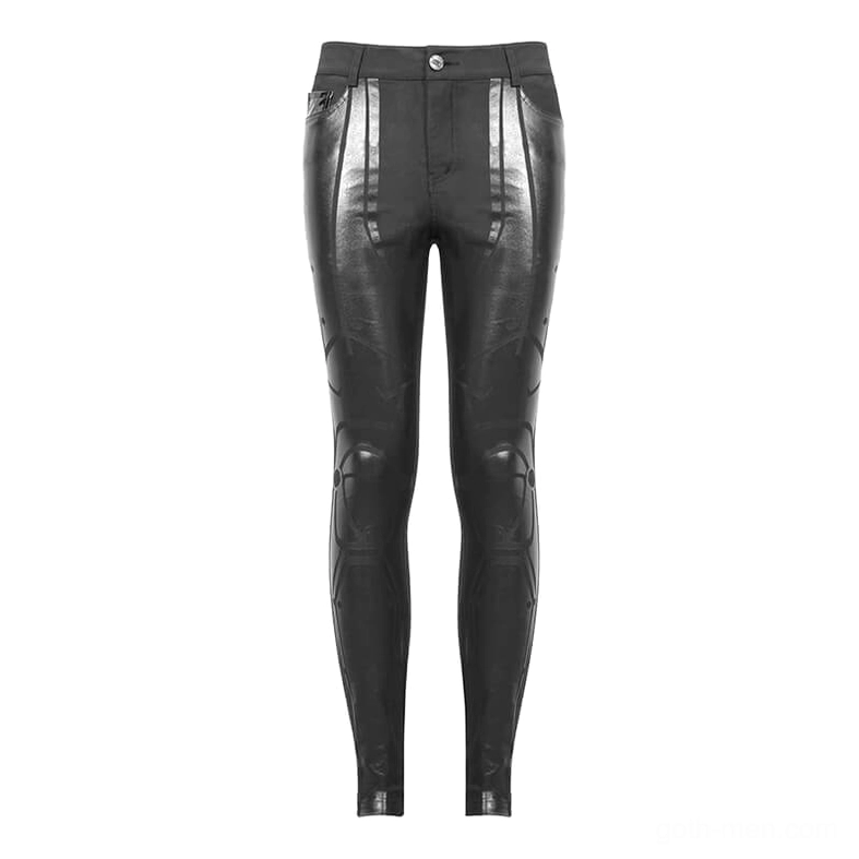 Black cyberpunk skinny pants front flat lay showing geometric PU splice details