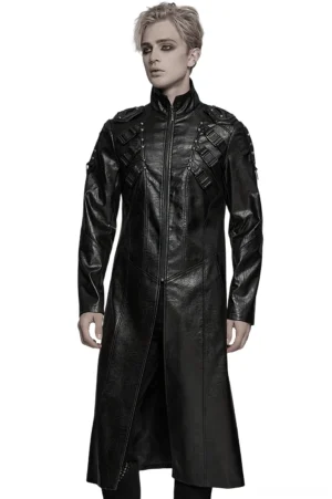 Men's black cyberpunk faux leather trench coat front view on model - studded shoulder straps and full-length zipper