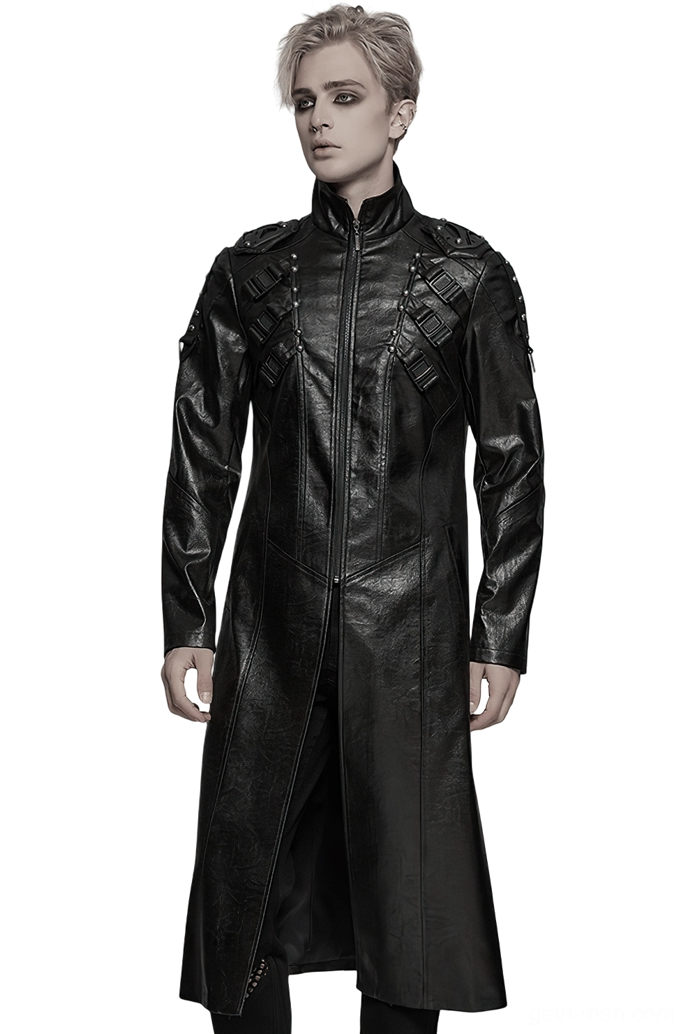 Men's black cyberpunk faux leather trench coat front view on model - studded shoulder straps and full-length zipper