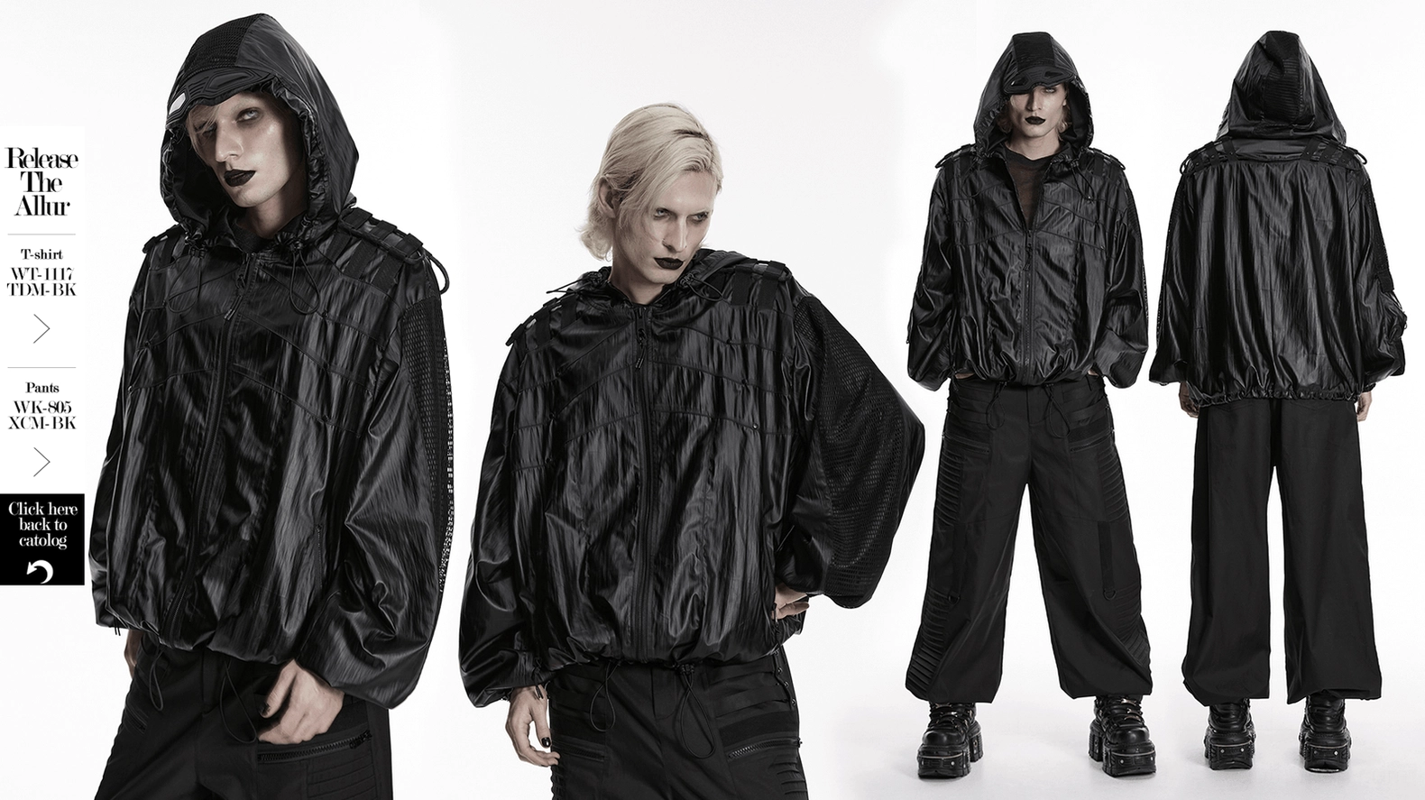 Full-body view black cyberpunk waterproof hooded jacket with deconstructed design